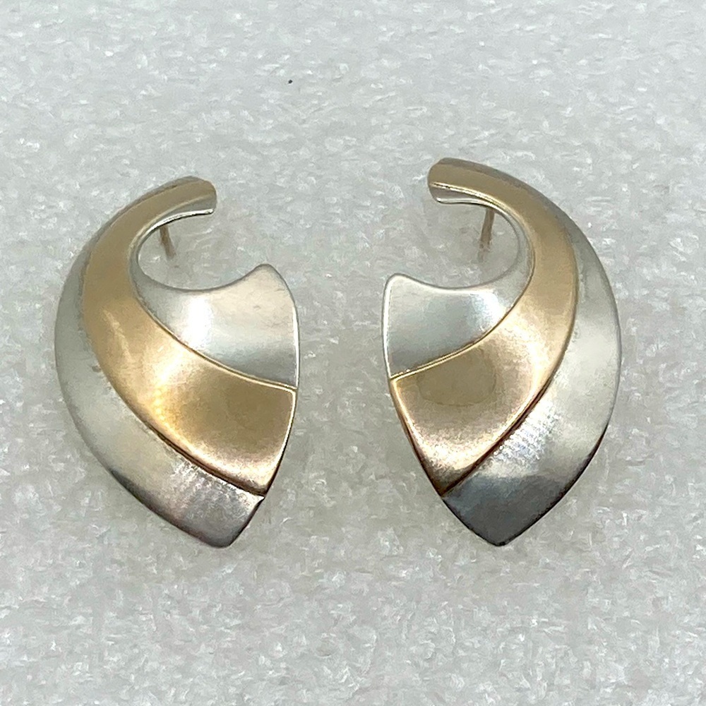 Vtg 10k Sterling Silver Burkhardt for Birks Abstract MCM Stud Earrings 1.4”